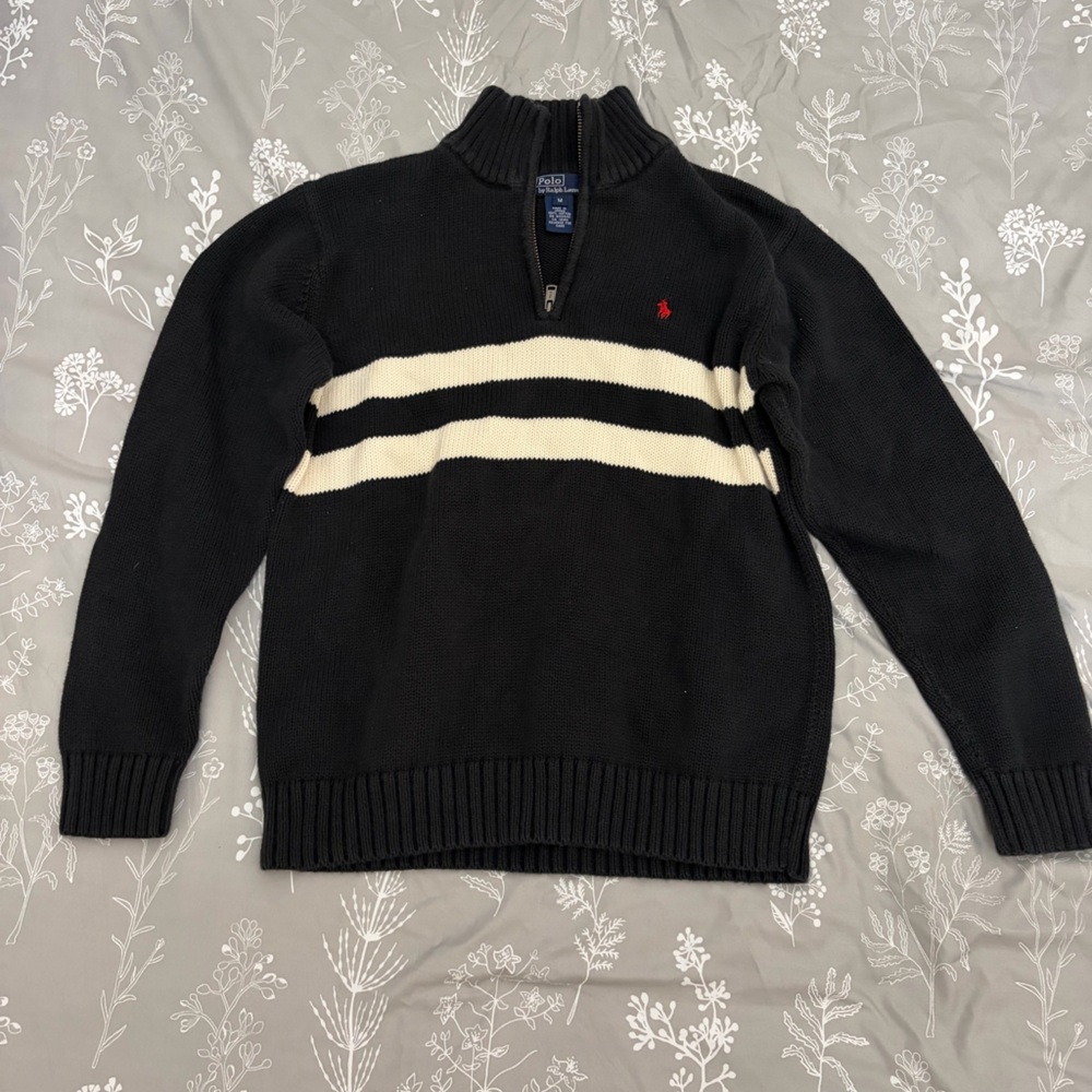 Vintage Boy’s M Polo by Ralph Lauren Black Zip-Up Sweater with Cream Stripes